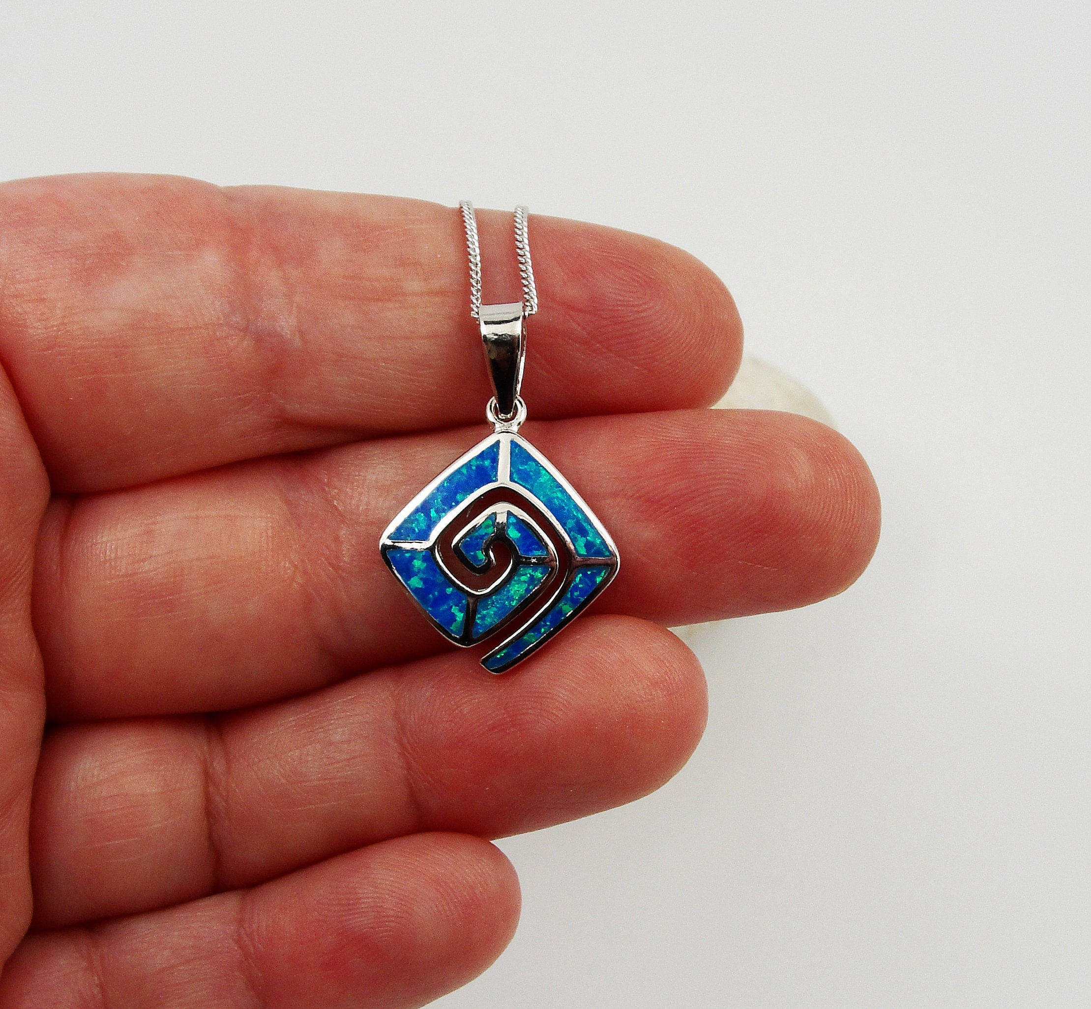Blue Opal Sterling Silver Spiral Pendant - Greek Jewelry