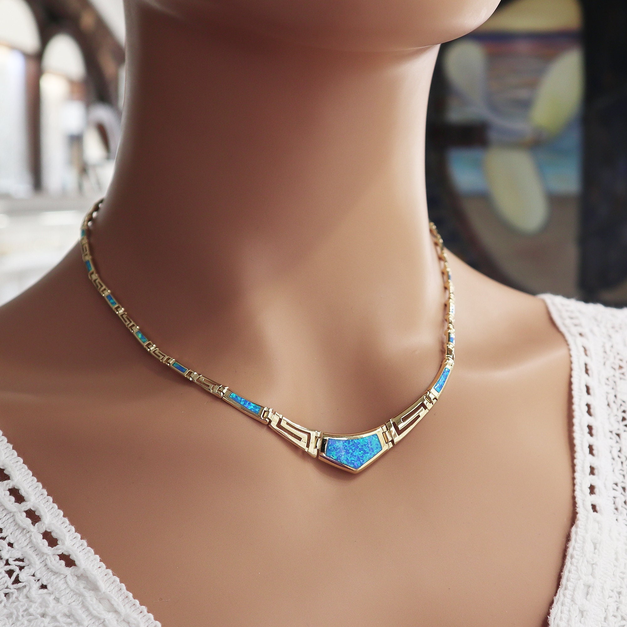 Blue Opal Gold Plated Necklace, Meander Opal Silver Necklace