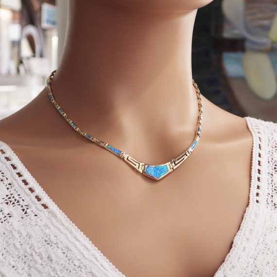 Blue Opal Gold Plated Necklace, Meander Opal Silver Necklace