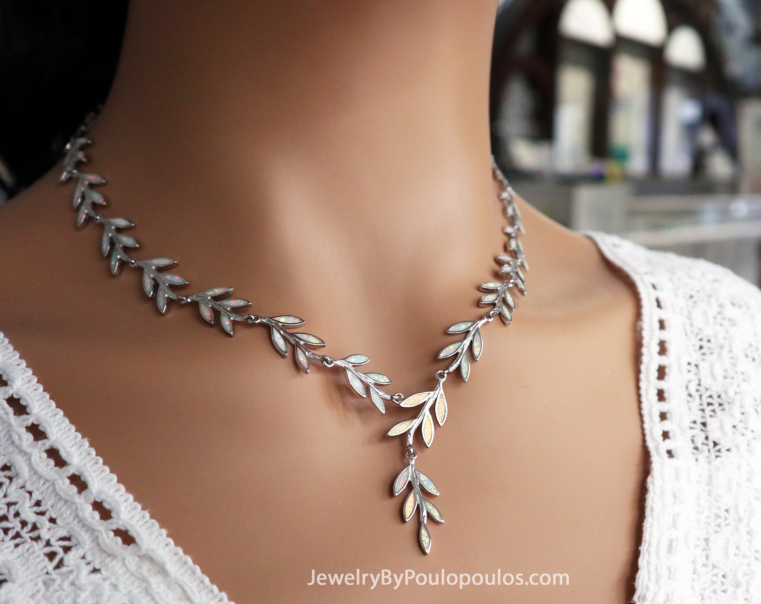 White Opal Olive Tree Branch Leaf Necklace, Greek Symbols Jewelry, Silver 925, Weiß opal Olivenzweig, Olivenblatt, Branche Feuille d'olivier