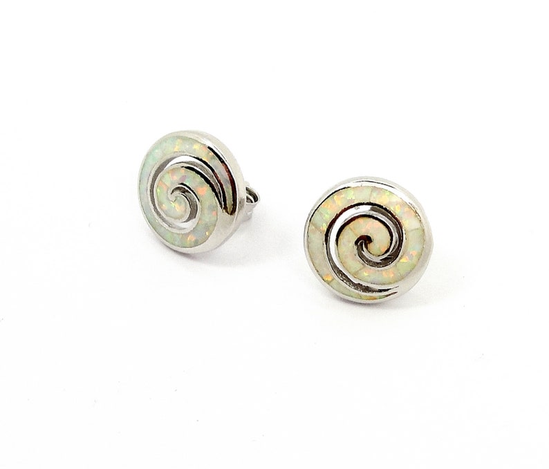Spiral silver earrings Greek jewelry Spiral silver stud earrings White Opal Spiral earrings Gift for her Bijoux Grec spirale