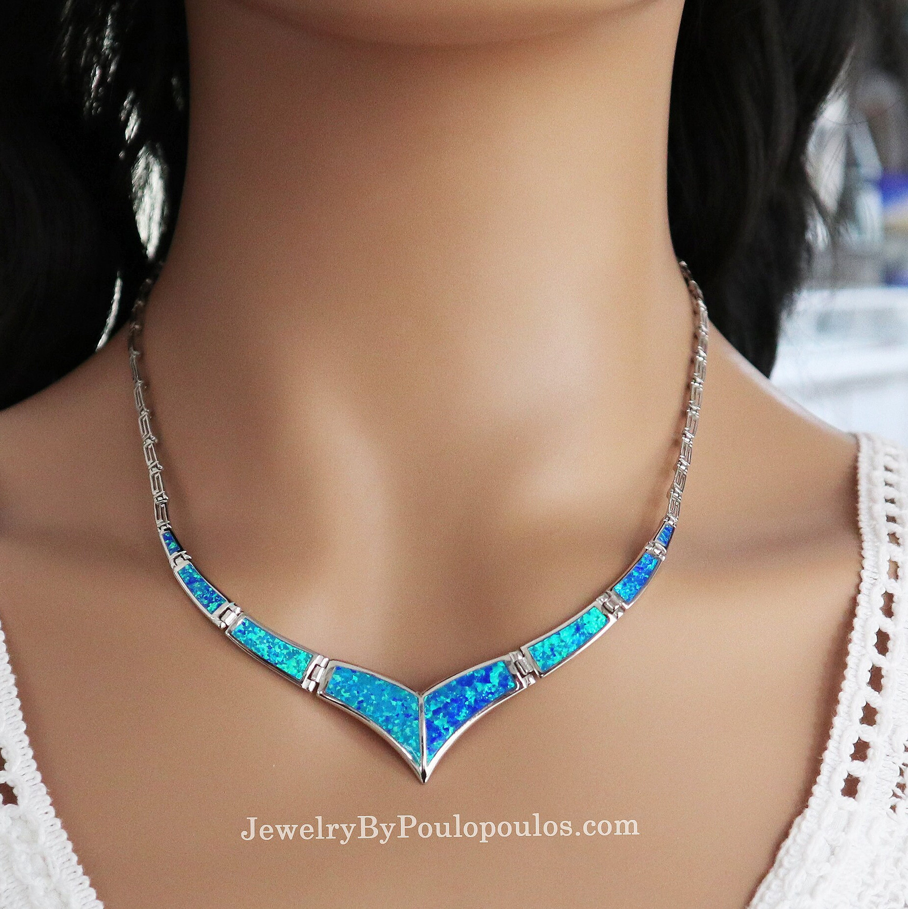 Blue Opal Greek Key Necklace: Sterling Silver 925 Meander Jewelry