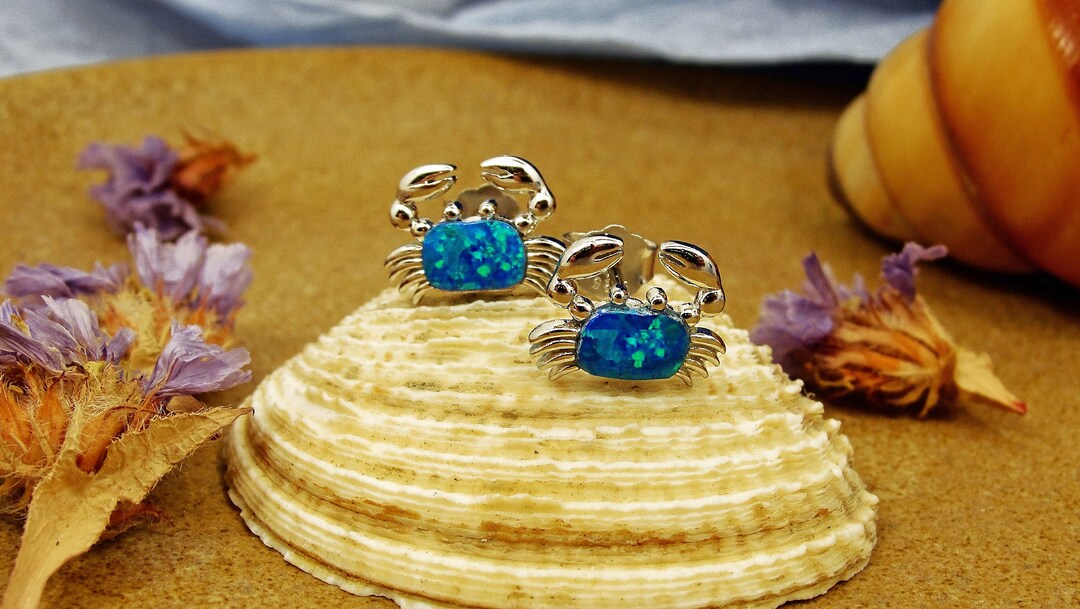 Blue Opal Crabs Silver 925 Stud Earrings Greek Jewelry Etsy