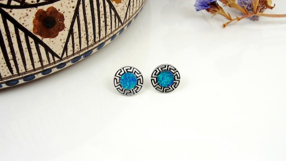 Blue opal stud earrings in sterling silver 925 with Greek design
