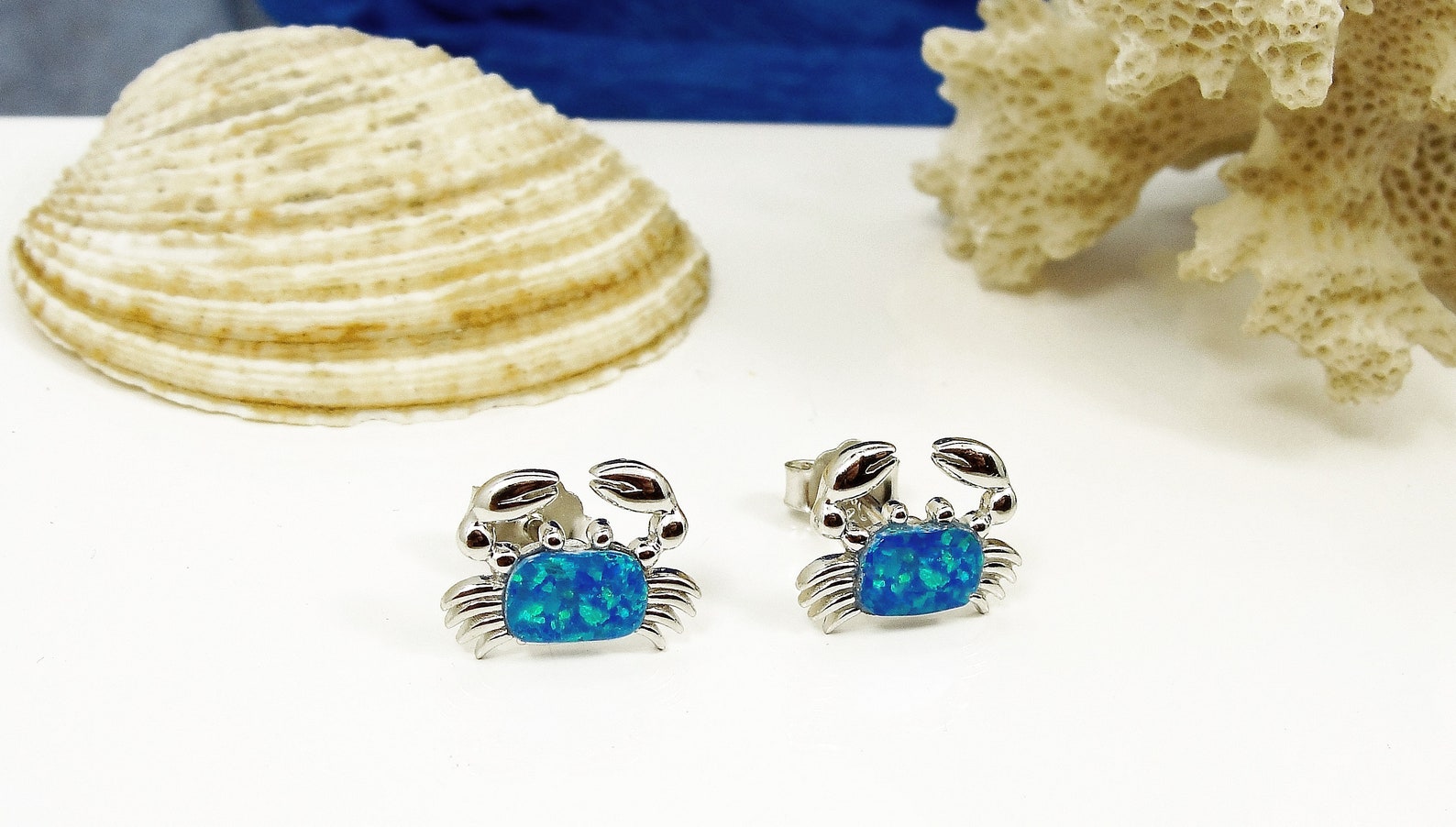 Blue Opal Crabs Silver 925 Stud Earrings Greek Jewelry Etsy