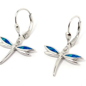Peut inclure: Boucles d'oreilles en argent en forme de libellule avec des accents d'opale bleue. Les boucles d'oreilles ont une fermeture à levier.