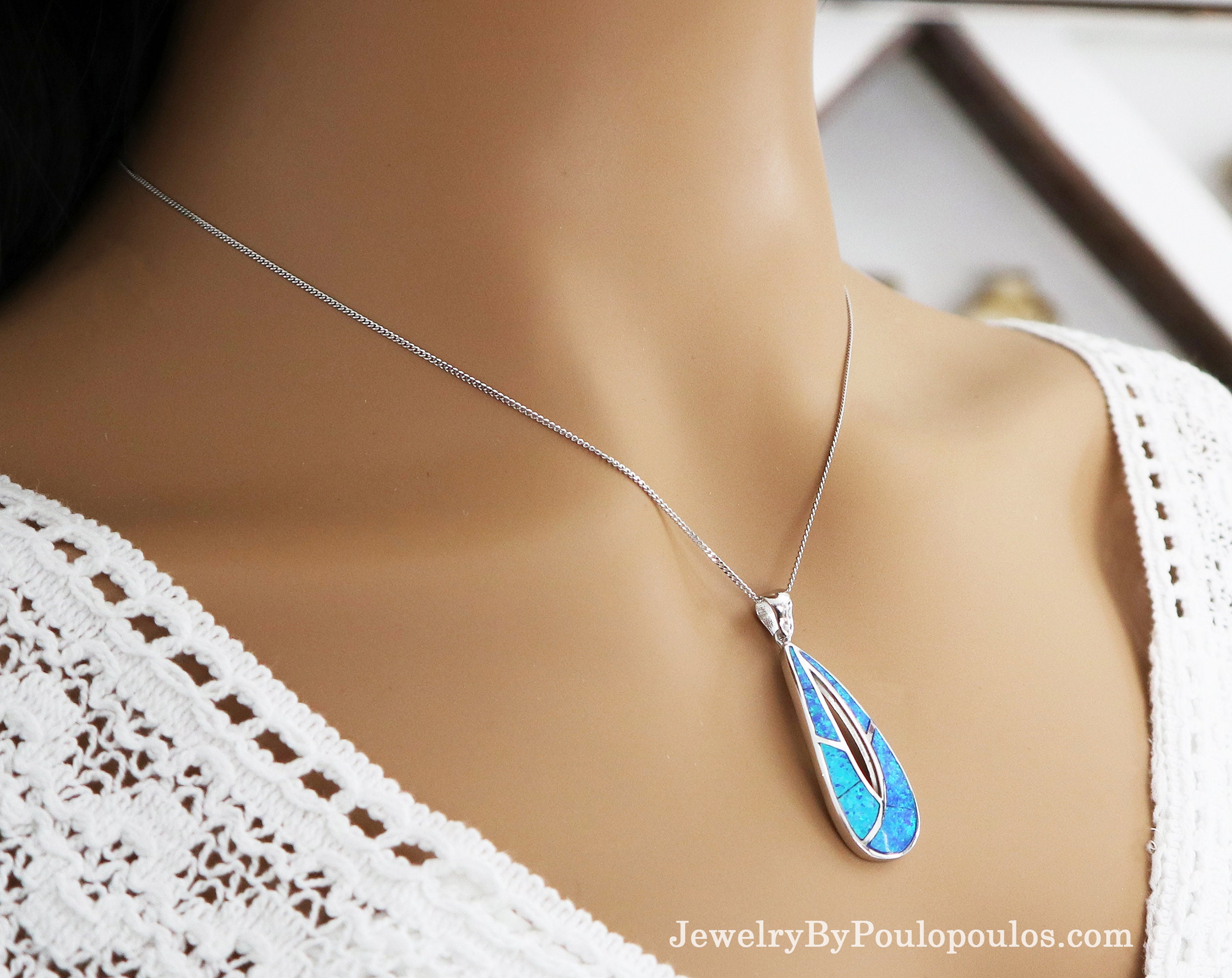 925 Sterling Silber Halskette Mit Opal Tropfen - Verstellbar 40-45 Cm, Weißer/blauer Opal, Edles Geschenk