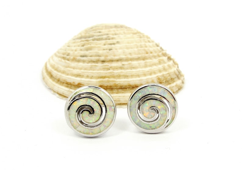 Spiral silver earrings Greek jewelry Spiral silver stud earrings White Opal Spiral earrings Gift for her Bijoux Grec spirale