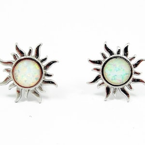 White Fire Opal Sun Stud Earrings, Greek Silver Jewelry