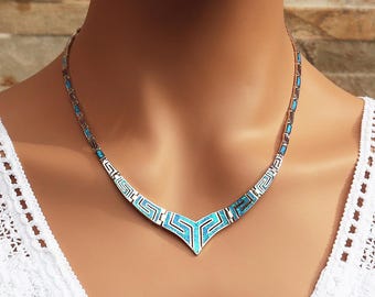 Greek Jewelry from Greece, Greek Key Meander necklace, Sterling Silver 925, Blue opal V shape necklace, gift for her, griechischer Schmuck
