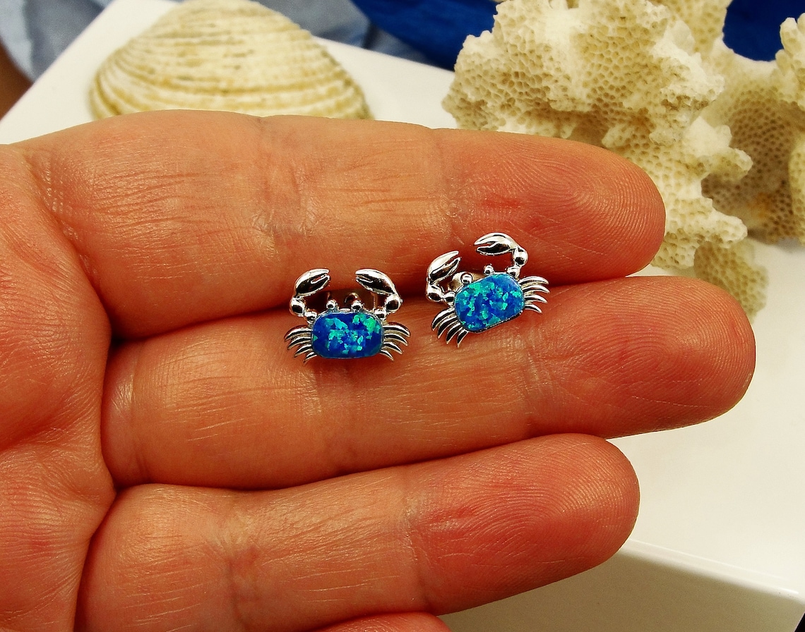 Blue Opal Crabs Silver 925 Stud Earrings Greek Jewelry Etsy