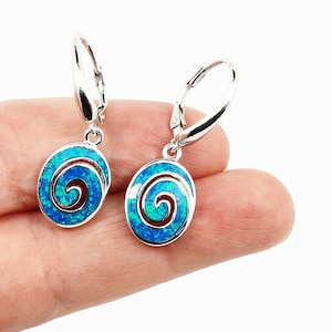 Blue Fire Opal Spiral Dangle Earrings, Handmade Greek Silver Jewelry