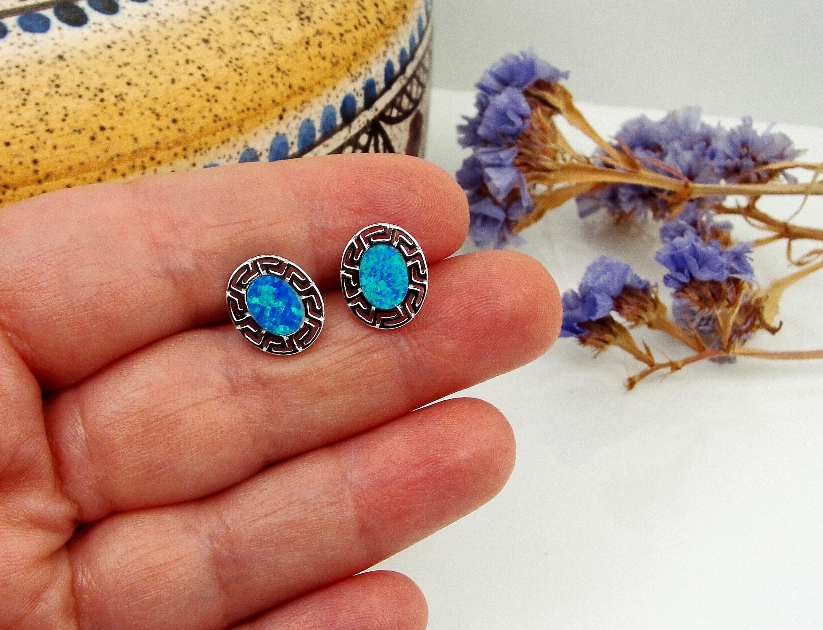 Blue opal stud earrings in sterling silver 925 with Greek design