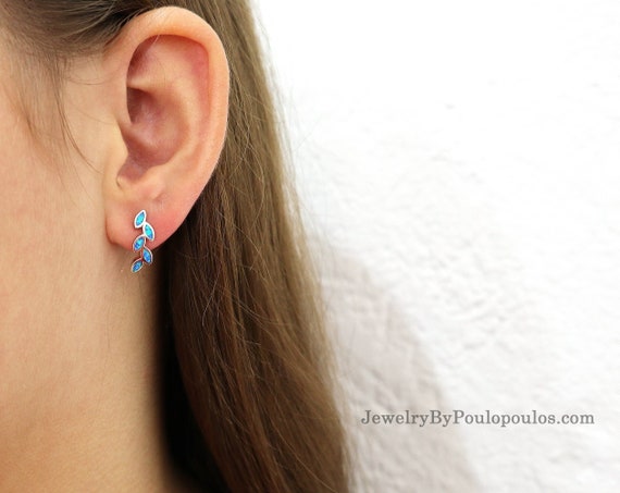 Blue Opal Olive Leaf Earrings, 925 Sterling Silver Greek Jewelry | Blaue Opal Olivenblatt Ohrringe
