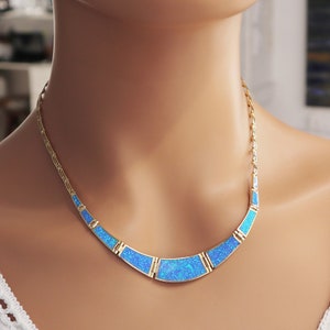 Gold Plated Blue opal necklace With Meander , Sterling Silver Jewelry, Silver opal necklace, Greek Style Necklace, Greek Meander Design