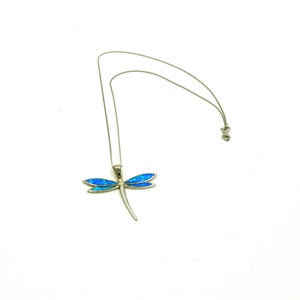 Puede incluir: Un collar de plata con un colgante de lib&eacute;lula de &oacute;palo azul.