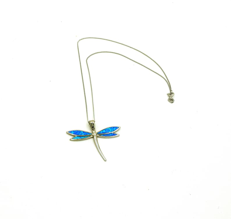 Puede incluir: Un collar de plata con un colgante de lib&eacute;lula de &oacute;palo azul.