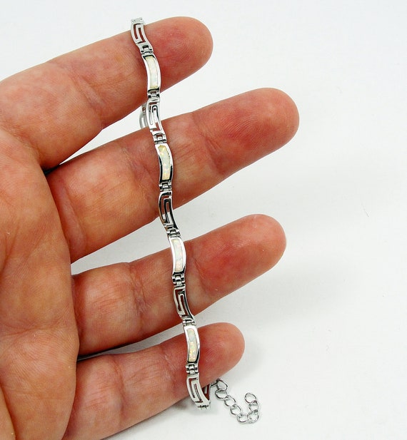 White Opal Sterling Silver Meander Bracelet: Greek Key Jewelry