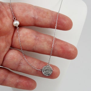 Sterling Silver Phaistos Disc Necklace: Greek Jewelry with Pearl