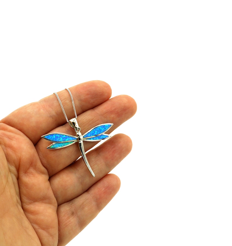 Puede incluir: Un collar con un colgante de lib&eacute;lula de plata con alas de &oacute;palo azul. El colgante est&aacute; en una cadena de plata.