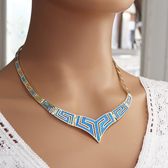 Blue Opal Gold Plated Silver Necklace, V Shaped Silver Greek 