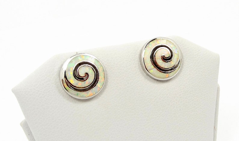 Spiral silver earrings Greek jewelry Spiral silver stud earrings White Opal Spiral earrings Gift for her Bijoux Grec spirale