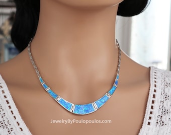 Handmade Sterling Silver Greek Meander Blue Opal Necklace