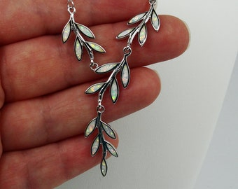 White Opal Olive Tree Branch Leaf Necklace Greek Jewelry from Greece Silver 925 Blau opal Olivenzweig Olivenblatt Branche Feuille d'olivier