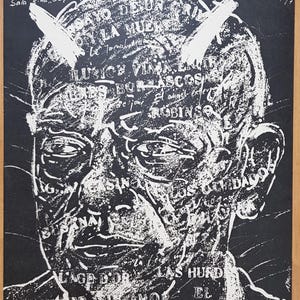 May include: A black and white poster with a portrait of a man and overlaid text. The text includes the name "LUIS BUÑUEL" and film titles. The poster has a vintage aesthetic, with the text and image appearing distressed.