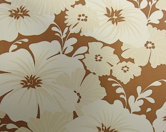 Papeles pintados vintage originales y auténticos - Papel pintado floral vintage de los años 70 - Flores marrones y blancas