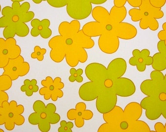 Carta da parati vintage al metro - Carta da parati anni '70 - Carta da parati in vinile anni '70 con fiori gialli e verdi / cas 130