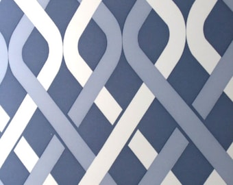 Oryginalne, oryginalne tapety vintage – tapeta geometryczna z lat 70. – niebiesko-biała, winylowa, w stylu vintage