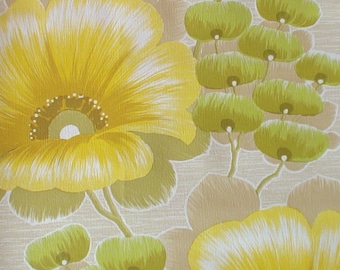 Authentic Original Vintage Wallpapers - Vintage Floral Wallpaper, Yellow Flower Power, 1960s Wallpaper By The Meter