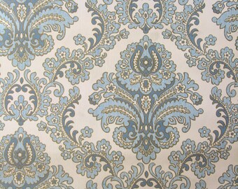 Oryginalne, autentyczne tapety vintage – tapeta w stylu damasceńskim z lat 70. – niebieskie kwiaty, na metry