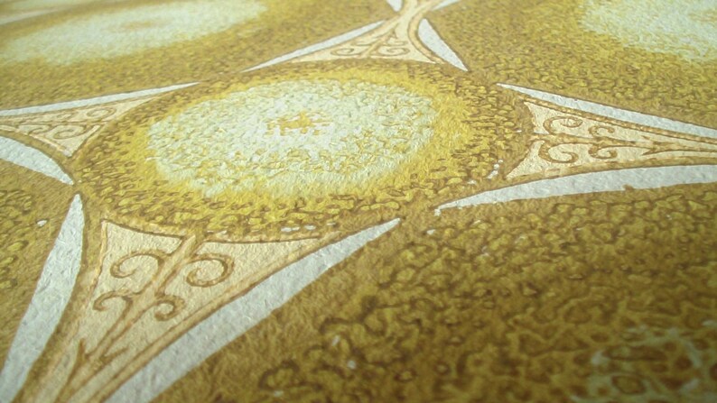 May include: A close-up of a wallpaper pattern with a star shape in the center. The star is made of a light brown color and has a white outline. The background is a light yellow color with a textured pattern.