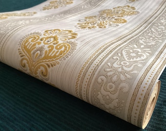 Authentic Original Vintage Wallpapers - Vintage 1960s Wallpaper – Gold Damask, Per Meter