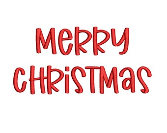 May include: Red embroidered text that reads "Merry Christmas" on a white background.