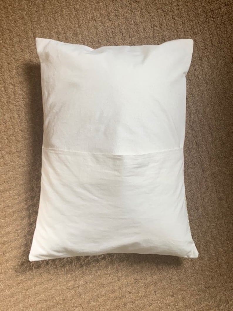 May include: A white pillow with a sewn-in pocket on the back side.