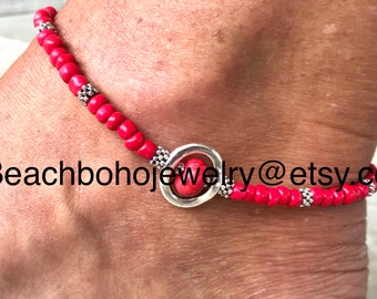 Boho Anklets, Womans Anklet, Ankle Bracelet, Red Anklet, Anklets For Women, Beaded Anklet, Hippie Anklet, Anklet