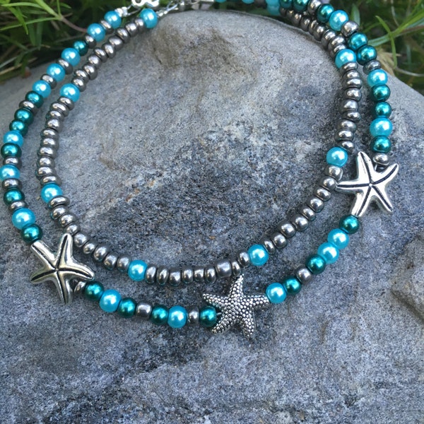 Ankle Bracelet, Beach Anklet, Starfish Anklet, Ankle Jewelry, Unique Anklet, Double Strand Anklet, Anklet, Anklets, Beach Jewelry,  Jewelry