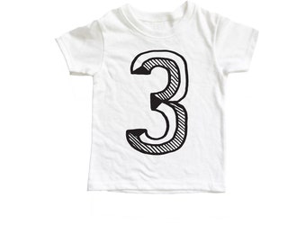 3, blanc et, chemise troisième anniversaire, chemise numéro trois, chemise 3, tenue 3e anniversaire, chemise anniversaire fille/garçon, t-shirt trois