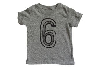 6, Gray and Black, Sixth Birthday Shirt, Number Six Shirt,  6th Birthday short sleeve shirt, 6 shirt, Sixth Birthday Shirt Girl boy