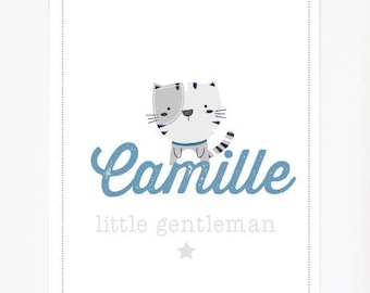 Poster nursery child or baby personalized with child's name little lady little gentleman cat