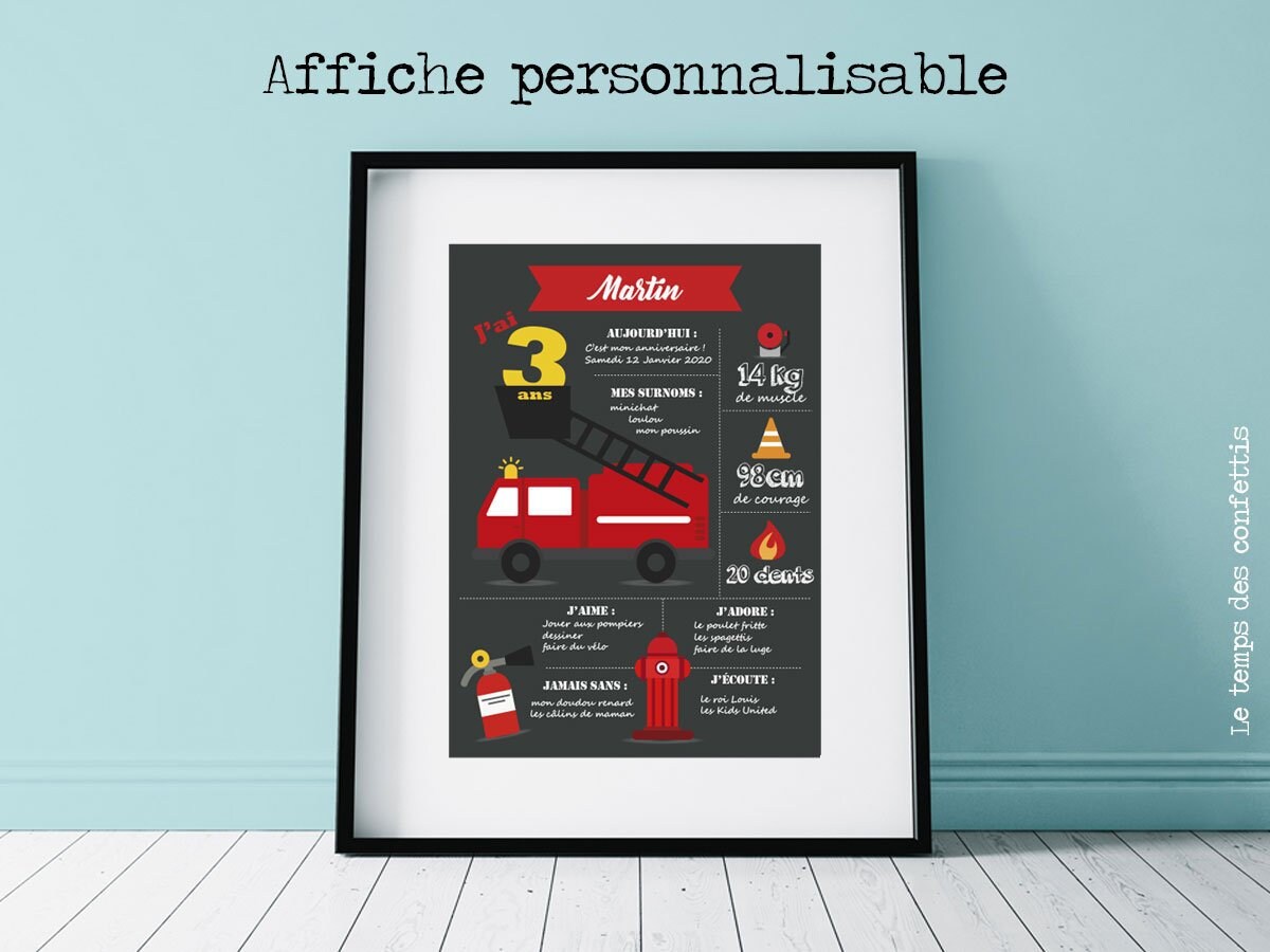 Affiche Personnalisée Anniversaire Pompier Cadeau Original Camion de Texte Modifiable Poster