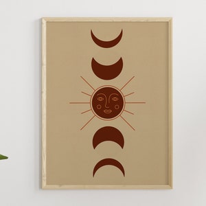 Boho Retro Abstract Wall Art, Mid Century Modern, Printable Art, Mystical Celestial Moons, Download Art Print, Wall Decor, Moon Art Line Art