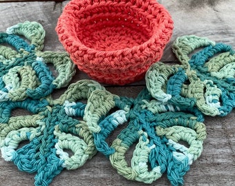 Crochet Succulent House Coasters, Monstera Leaf Coasters, Succulent Pot Coasters, Succulent Coaster Set, Gifts for Plant Lovers