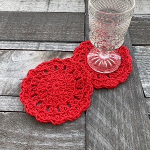 Red Crochet Cotton Coasters, Red Coaster Set, Handmade Crochet Flower Coasters, Flower Coasters, Gift for Mom, Gift for Grandma