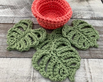 Succulent Plant Coasters, Monstera Leaf Coasters, Plant Pot Coasters, Succulent Coasters, Handmade Crochet Succulent Coasters Set of 4