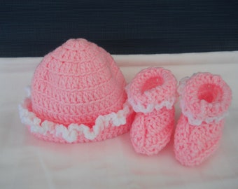 Pink Ruffle Crochet Baby Beanie and Booties, Crochet Baby Booties, Baby Crochet Hat and Booties, Crocheted Baby Hat, Pink Baby Beanie Set