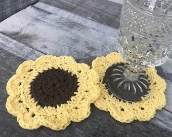 Sunflower Coaster Set, Sunflower Coasters, Crochet Sunflower Coasters, Crochet Sunflowers, Crochet Coasters, Sunflower Crochet Coasters